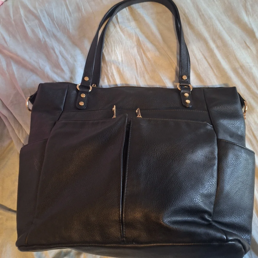 Mominside Black Leather Baby Diaper Bag Backpack, 14 Pockets & Changing Pad - Picture 3 of 16